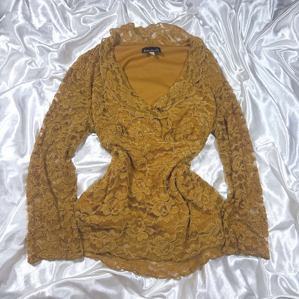 y2k B.i.y.a.y.c.d.a. Lace Top Mustard Yellow Excellent Ruffle V-Neck Blouse